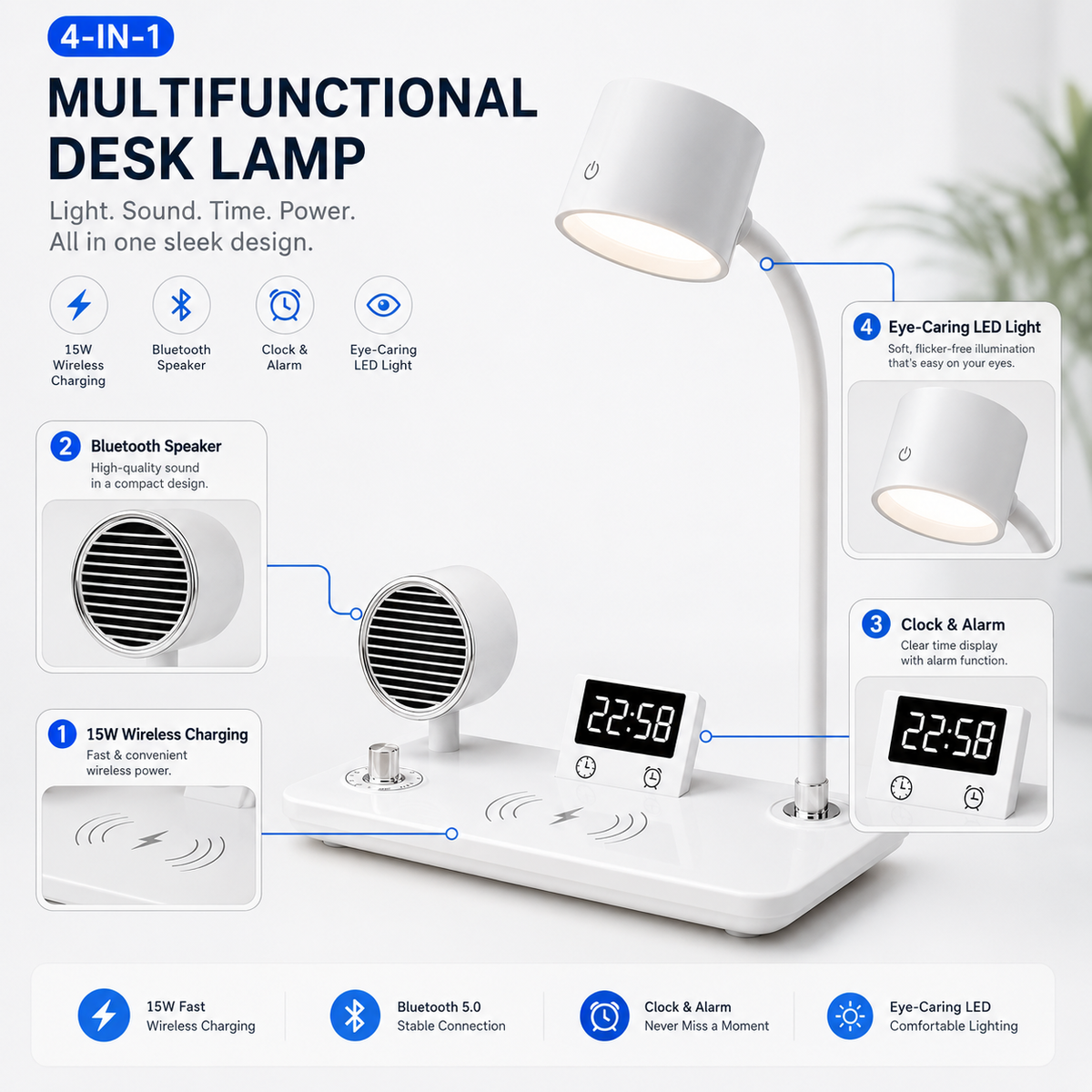 15W Wireless Charging Bluetooth Alarm Lamp